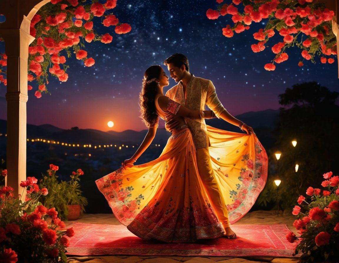 A vibrant collage featuring the essence of desi culture: traditional fabrics, sensual dance poses, and blossoming flowers, all intertwined with soft, glowing lights that evoke warmth and allure. Include silhouettes of couples sharing intimate moments under a moonlit sky, enhancing the theme of seductive sentiments. The background should be a dreamlike landscape that hints at exploration. super-realistic. vibrant colors. 3D.