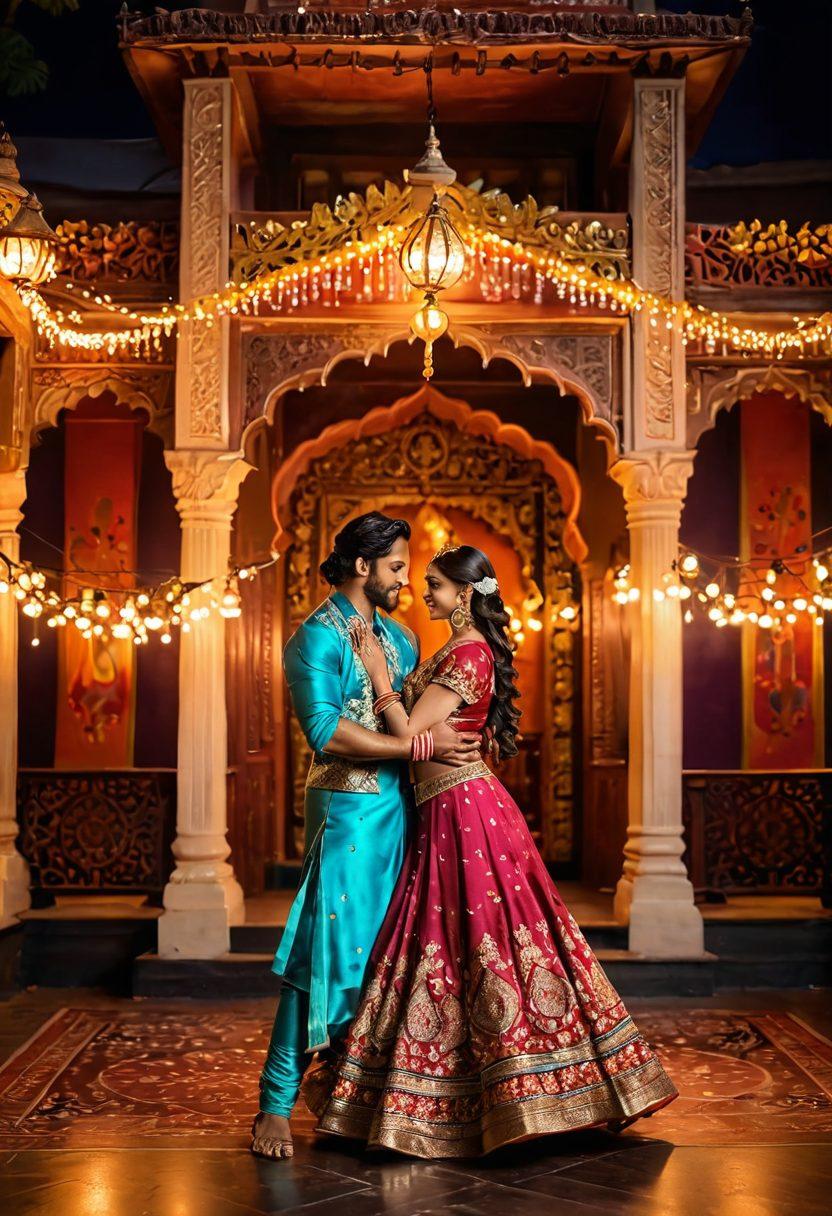A mesmerizing Bollywood scene, featuring vibrant colors and dramatic lighting. The setting includes ornate Indian architecture with intricate designs, evoking a sense of romance and allure. In the foreground, a couple shares a passionate dance, wearing traditional attire, their expressions full of ecstasy and intensity. Surrounding them are shimmering fairy lights, adding a touch of enchantment to the atmosphere. The overall mood is steamy and captivating, ideal for showcasing the adult appeal of Bollywood. super-realistic. vibrant colors. intricate details.